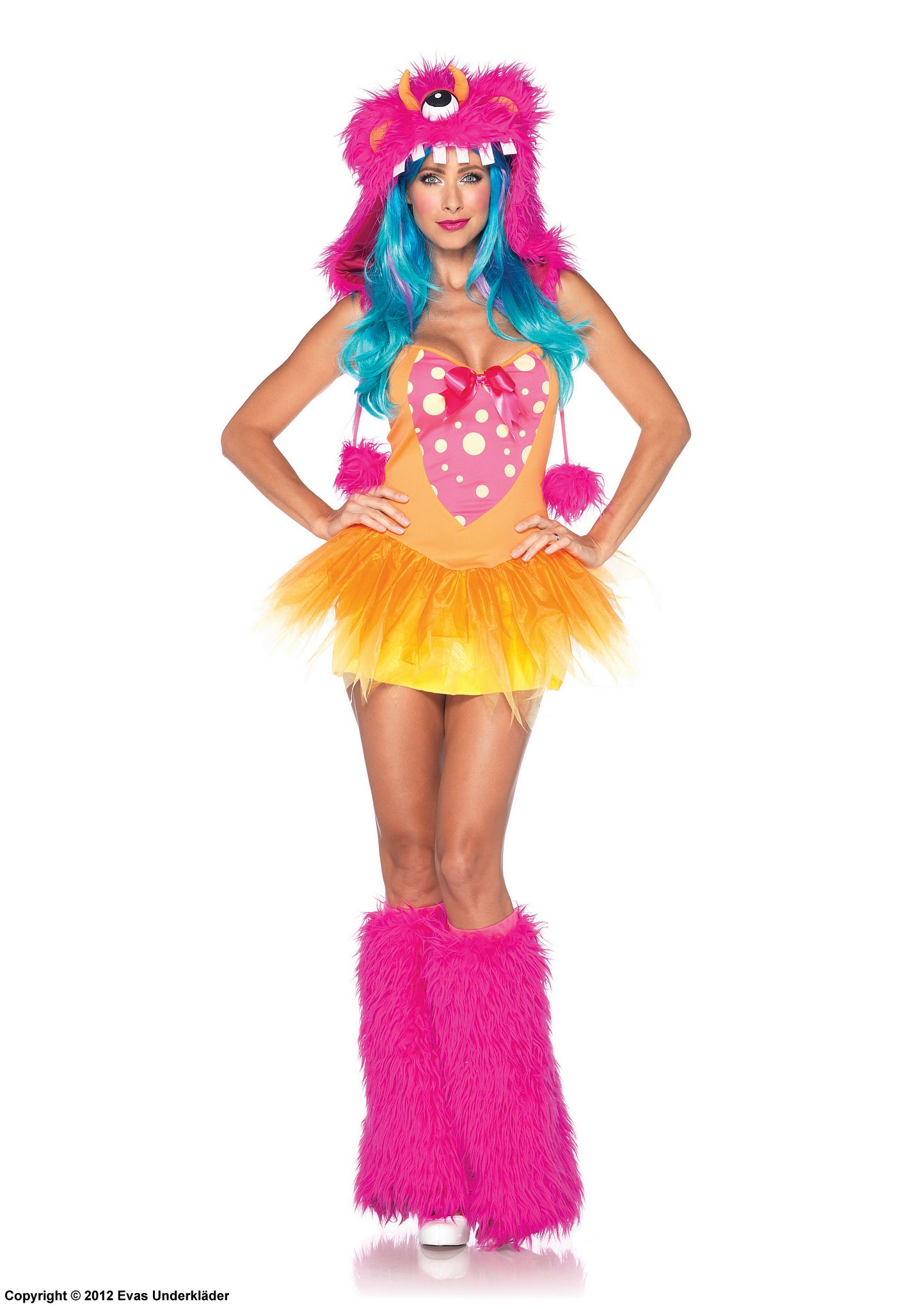Plush female monster, costume dress, faux fur, big bow, polka dot